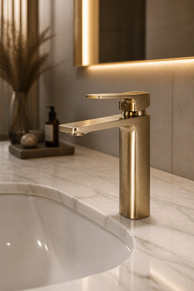İSAOĞLU YAPI Mat Gold Kare Lavabo Bataryası Mat Altın Banyo Lavabo Armatürü P...