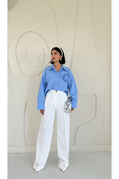 Elbee Fashion Woman Blue Filet Pocketed Poplin Shirt