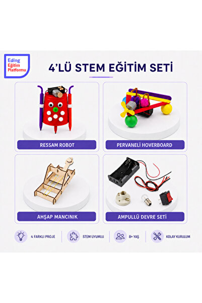 EDİNG EĞİTİM PLATFORMU Elektrik Deney , Ressam Robot, Hoverboard, Katapult 4’lü STEM Eğitim Deney Seti – Projeleri | Çocuklar İçin STEM Fen Bilimleri Kendin Yap Kit