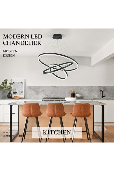 Sumkyle 3-Rings Modern LED Chandelier Black, Dimmable Pendant Lighting with Circular Flush Mount High Ceiling Light for Living Room Dining Room Foyer