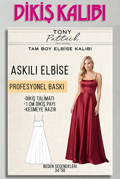 Tony Patteck Askılı Tam Boy Elbise (EL24) - Hazır Dikiş Kalıbı (34-58 Beden)