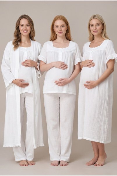Pelin Women's Ecru Muslin Cotton Fabric Short Sleeve Buttoned Maternity Night...
