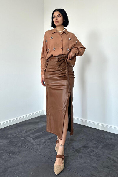 Elbee Fashion Woman Γυναικεία Καφέ Φούστα με Λουράκια και Σούρες Μπροστά