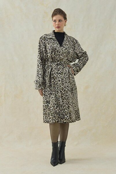 Elbee Fashion Woman Λεοπάρ παλτό μπροστά και πίσω με κάπα