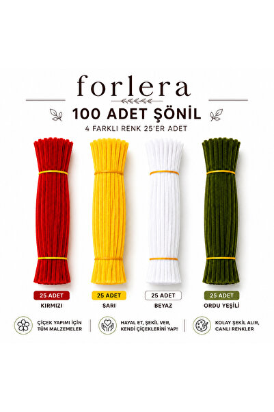 FORLERA 100 Adet Kırımızı - Sarı- Beyaz ve Ordu Yeşili Şönil Çiçek Yapım Seti
