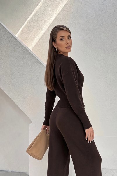 Lusin Women's Brown Button Detailed Stylish Cardigan Wide Leg Palazzo Trousers Bottom Top Two-Piece Knitwear Set (S/M)