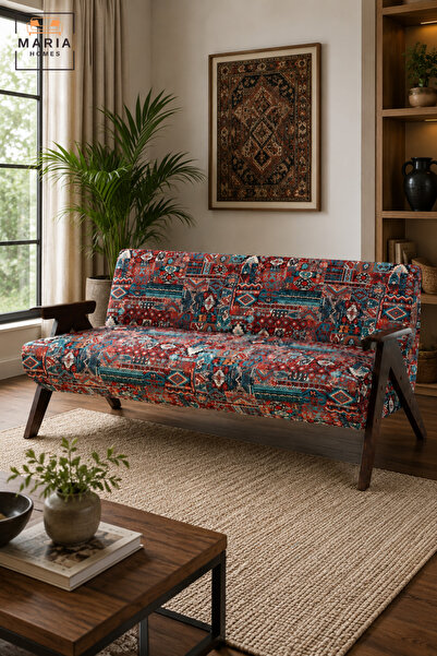 MARIA HOMES Traditional Pattern Upholstered 3 Seater Sofa with Wooden Arms & ...