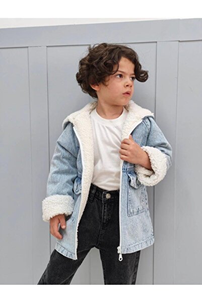 GREYFURTKİDS Boys' Denim Coat with Fur Inside