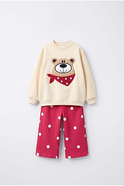 Magu Children's Teddy Bear Embroidered Ecru Sweatshirt and Red Polka Dot Swea...