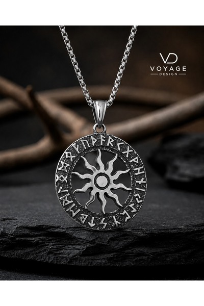 voyageaccessory قلادة شمسية من الفولاذ المقاوم للصدأ بلون فضي عتيق مع تفاصيل ...