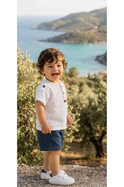 Genel Markalar Müslin Erkek Bebek 2'li Takım Organik Düğmeli Tişört ve Şort Y...