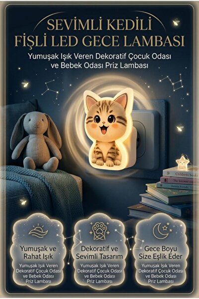 Reona Sevimli Kedi Gece Lambası – 3 LED 0.5W Tasarruflu Prize Takılan Bebek, ...