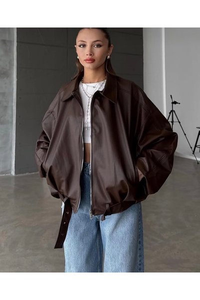Reysamoda Women's Oversize Leather Jacket Oversize Relax Fit Zipper Belt Detailed Casual Women's Leather Jacket