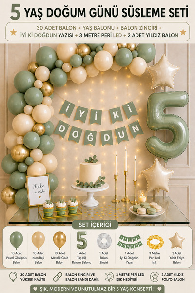 Parti Zamanı 5 Yaş Doğum Günü Süsleme Seti | 30 Adet Balon + 5 Yaş Balonu + B...