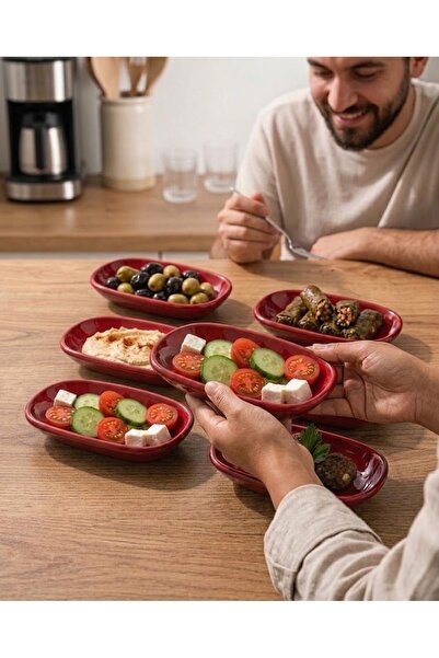 BİODATA 6 Adet Kırmızı Kayık Kırılmaz Melamin Kayık Tabak Meze Tabağı Sosluk (15 x 9 cm)