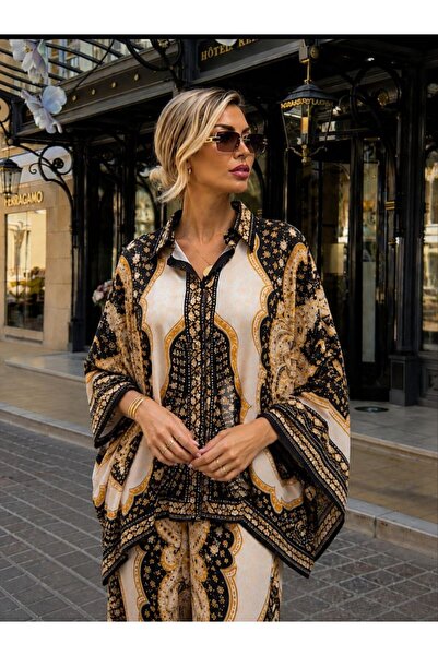 LOKADI Women's Patterned Flowy Shirt and Pants Two-Piece Set – Ethnic / Shawl...
