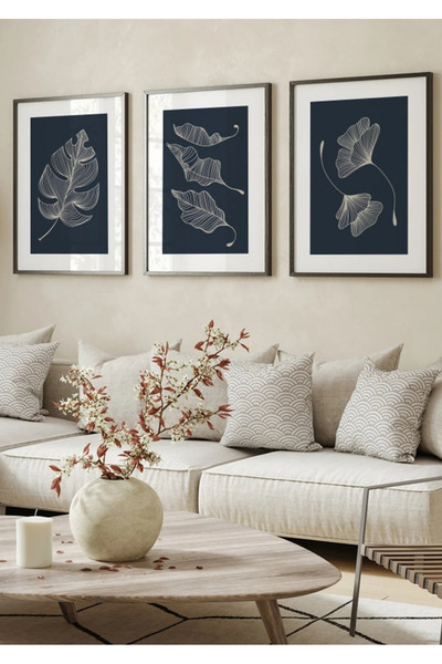 NT Handmade Natural Wood Framed 3-Piece Navy Blue Botanical Leaf Painting Set...