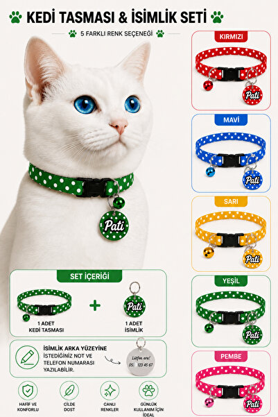 Cocopet Kedi isimlik Tasma Yeşil Puantiyeli 2'li Set Desenli Kedi isimliği is...