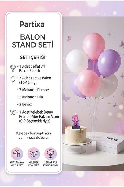 Partixa Fairy Tale Butterfly Concept Pink and Purple Number Cake Candle & Balloon Stand Set - Fairy Garden Birthday Decoration