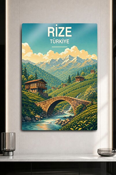 DekorHane Metalni zidni dekor - Slika prirode Crnog mora sa Rize kamenim most...