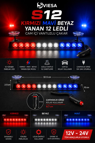 Sviesa S12 Kırmızı Mavi Beyaz Yanan Cam İçi Led 12 Ledli Vantuzlu Çakmaklık G...