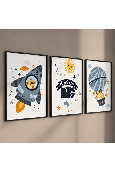 NT Handmade Natural Wooden Framed 3-Piece Space Adventure Children's Room Pai...