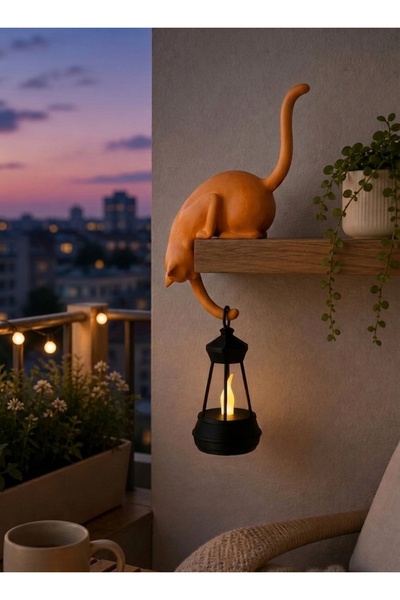 IL-HANST Askılı Kedi Figürlü Raf Dekoru 24 cm – LED Fenerli Minimalist Balkon...