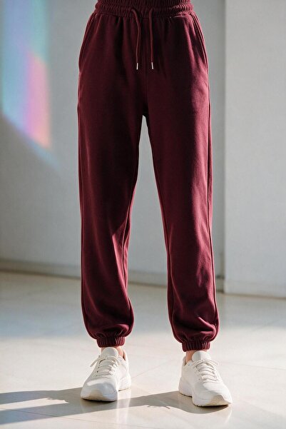 ELAFRO Women's Burgundy Modal Fabric Elastic Cuffed Silky Textured Sweatpants