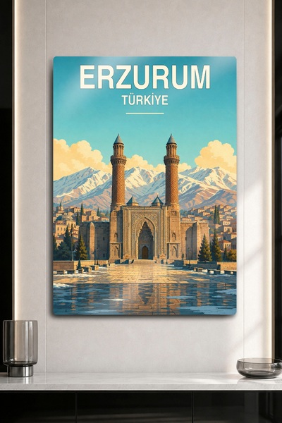 DekorHane Metalni zidni dekor - Erzurumski dvostruki minaret, medreza i slika...