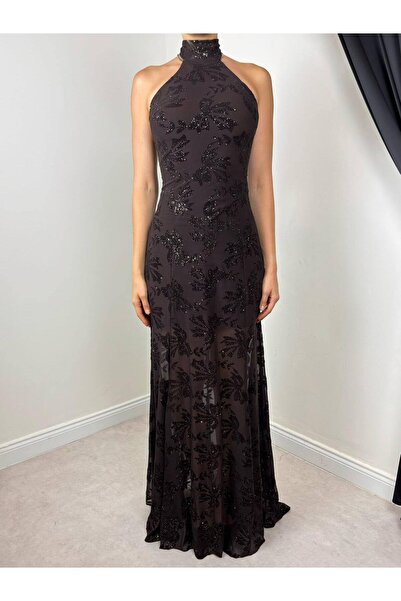 LOKADI Women's Black Halter Neck Sequined Backless Long Evening Dress