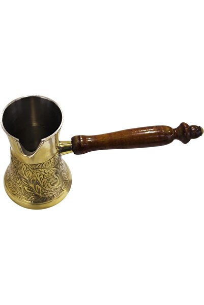 Generic Latas Turkish Style Brass Coffee Pot with Wooden Handle |Embossed Floral Design| for Making Tea, Coffee.01