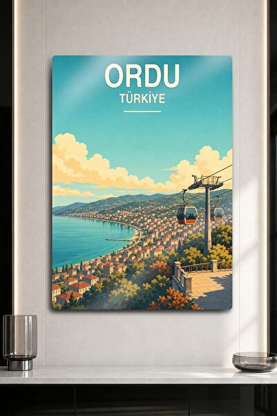 DekorHane Metalna slika - Retro poster sa žičarom Boztepe i pogledom na obalu...