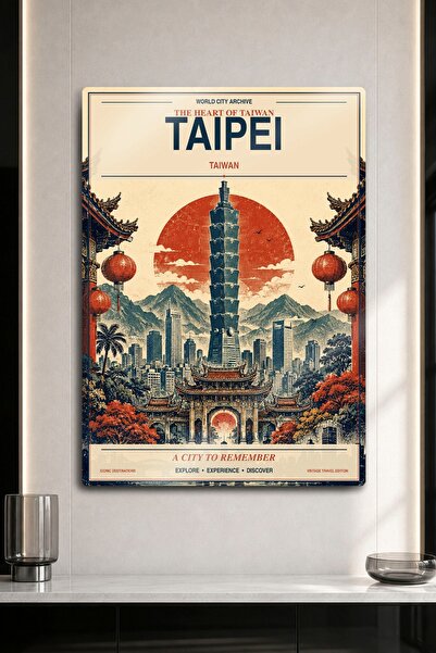 DekorHane Metalni print - Vintage poster sa pogledom na kulu Taipei 101 i ist...