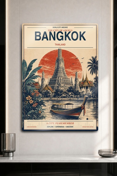 DekorHane Metalna slika - Vintage putopisna slika sa hramom Wat Arun u Bangko...