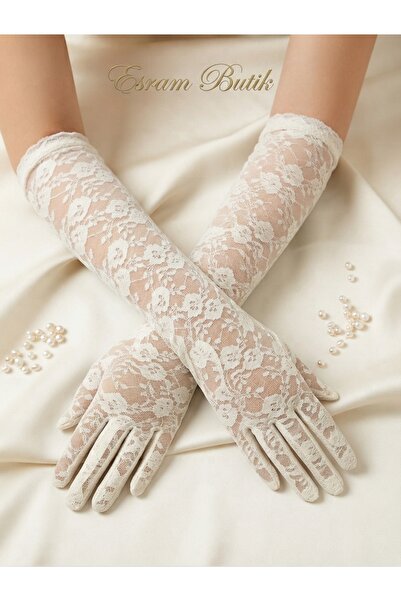 Esram Butik White Long Floral Lace Bridal Gloves, Evening Dress, Engagement a...