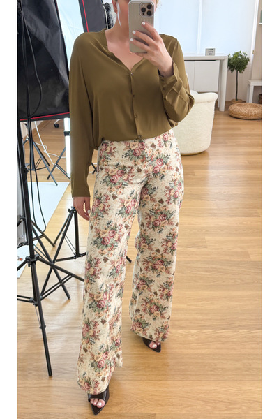 Modaonna Çiçek desenli geniş paça kot pantolon