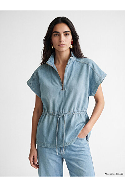 LC Waikiki Esvab • Modern & Distinctive Stand Collar Tie-Back Jean Blouse