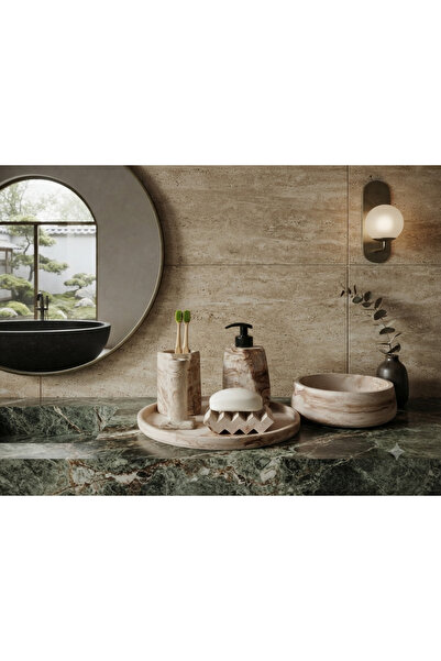 Trust Stone 6'lı Mermer Desen Beton Banyo Seti ,Sıvı Sabunluk Diş Fırçalığı A...