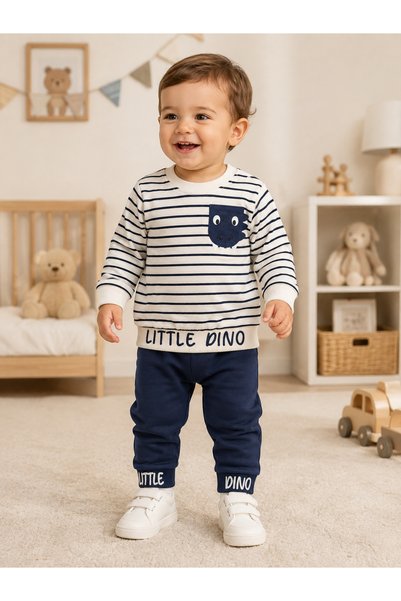 buzy kids concept White Navy Blue Striped Dino Pocket Boys' Seasonal 2-Piece ...