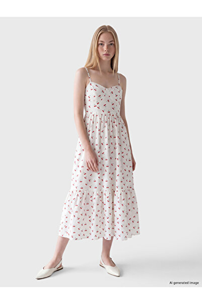 LC Waikiki Rmz Gi̇yi̇m Farkiyla Cherry Embroidered Layered Dress with Drawstr...