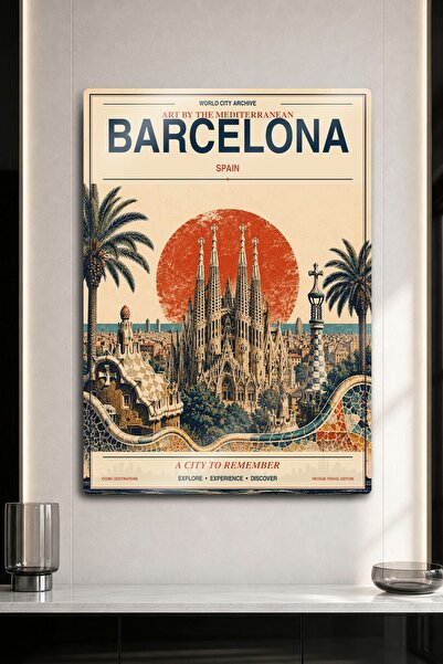 DekorHane Metalni zidni dekor - Vintage poster sa pogledom na Sagrada Familia...