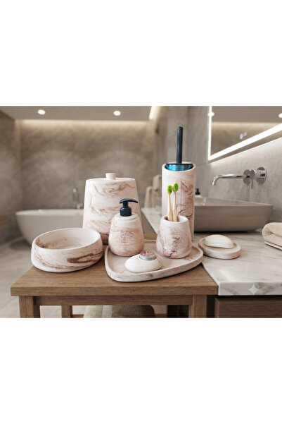 Trust Stone Bej Mermer Desen Beton Banyo Seti,,Çöp Kovası,Katı,Sıvı Sabunluk,...