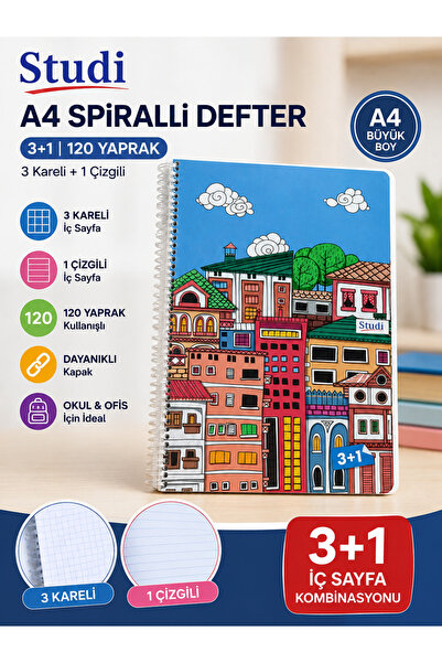 Studi 120 Yaprak A4 3+1 Spiralli Defter – 3 Kareli 1 Çizgili Desenli Okul Def...