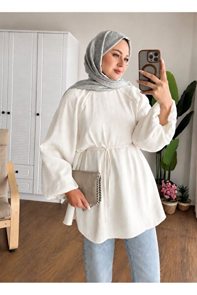 Bluemiss Balon kol bel bağlamalı kolları astarlı gömlek ipeksi dokunuş