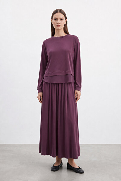 Puane Chiffon Detailed Modal Skirt Suit Plum 14420