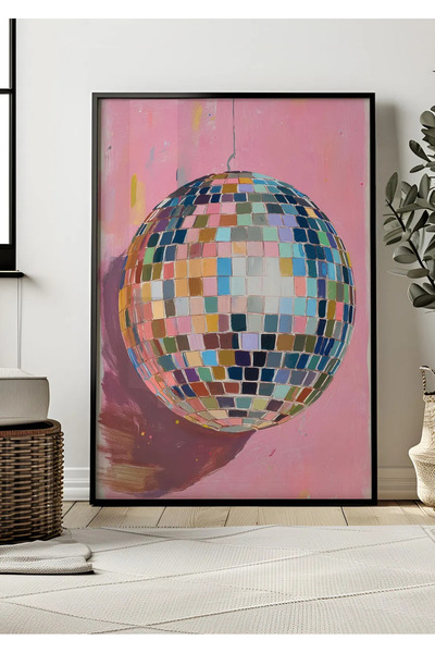 NT Handmade Natural Wood Framed Colorful Disco Ball Painting Pink Retro Pop A...