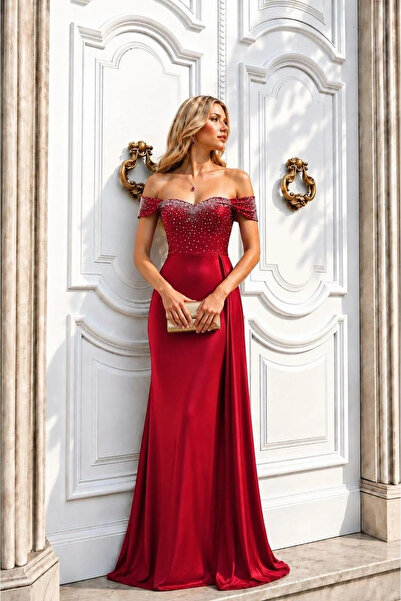 SS HOME CONCEPT Women's Satin Fabric Carmen Collar Maxi Evening Dress