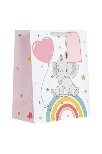 OEM Pungă cadou pentru bebeluși - Elefant alb, Curcubeu și Inimă roz |   26x1...
