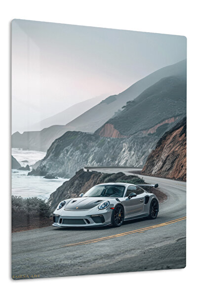 Emesa Art White Porsche 911 Mountain Coast Metal Wall Art