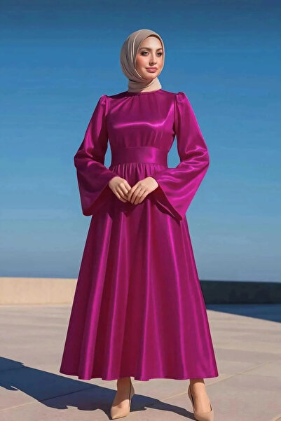 SS HOME CONCEPT Women's satin stand collar long sleeve hijab evening dress